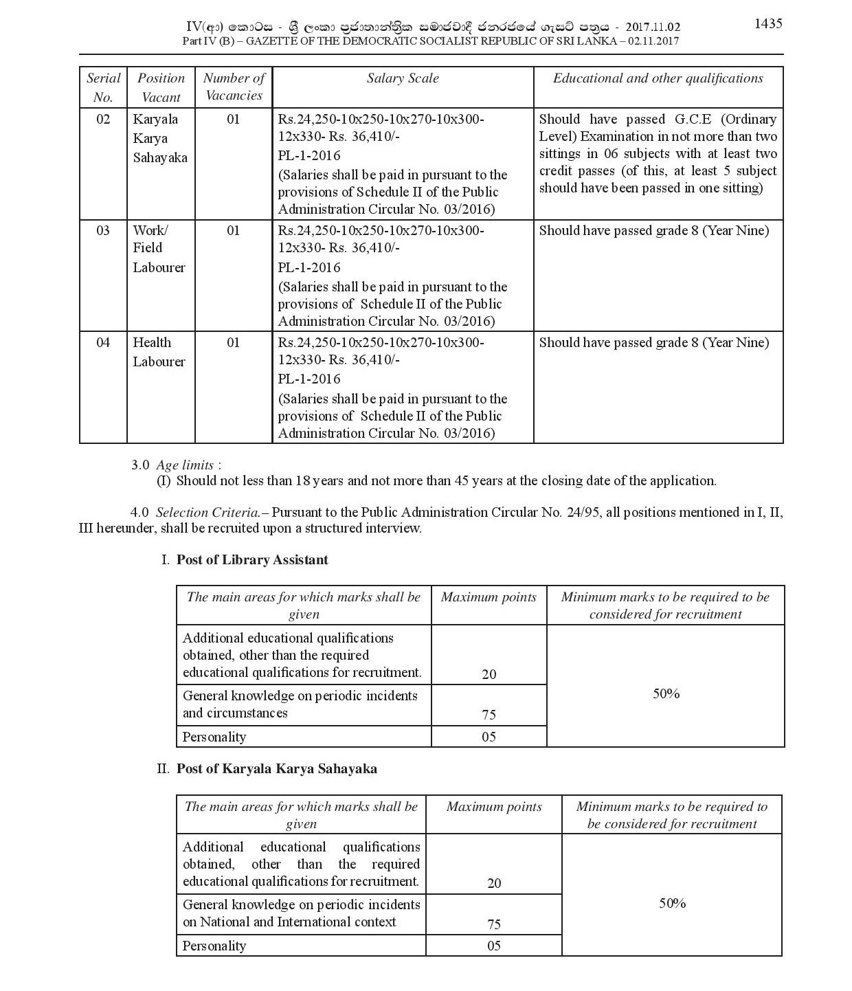 Library Assistant, Office Assistant, Work/Field Labourer, Health Labourer - Seethawakapura Urban Council